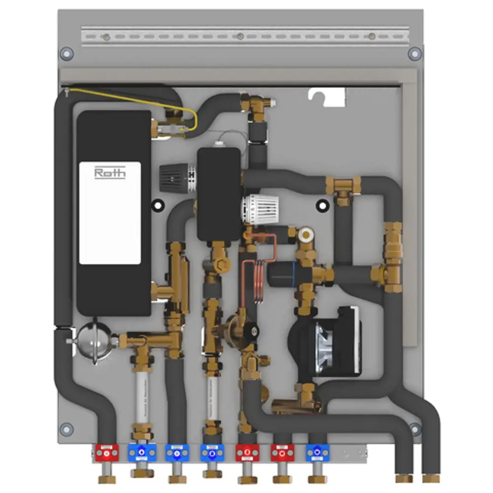 Roth Wohnungsstation mit verschiedenen Rohrleitungen und Anschlüssen, die zur Regelung von Heizungs- und Warmwassersystemen genutzt wird.